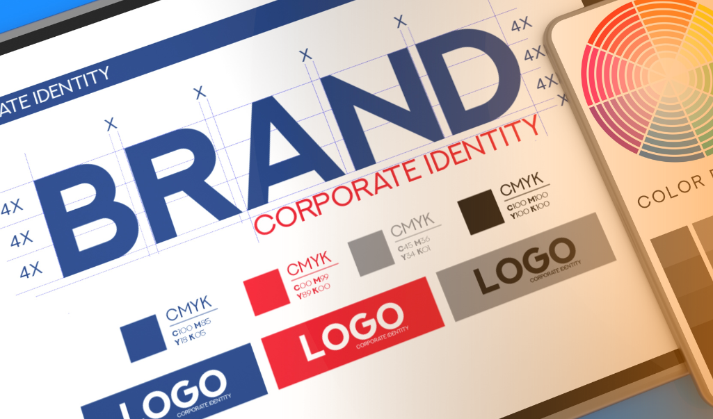 Branding design materials including color swatches and business cards