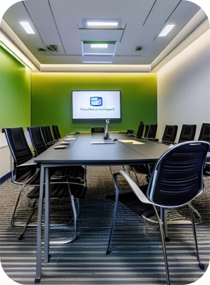 Conference room with a large screen and chairs around a table