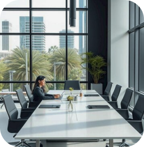 Conference room with a large screen and chairs around a table